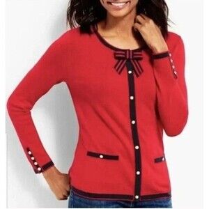 Talbots Red Bow Cardigan Sweater Cashmere Blend Pearl Buttons NWT Womens Size P
